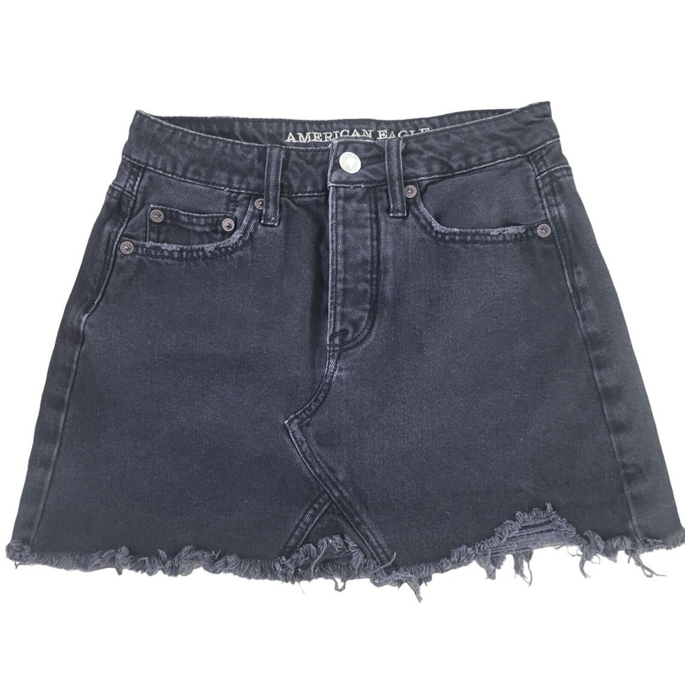 American Eagle Button Fly Denim Mini Skirt 00 Womens Black Raw Hem Pockets Short